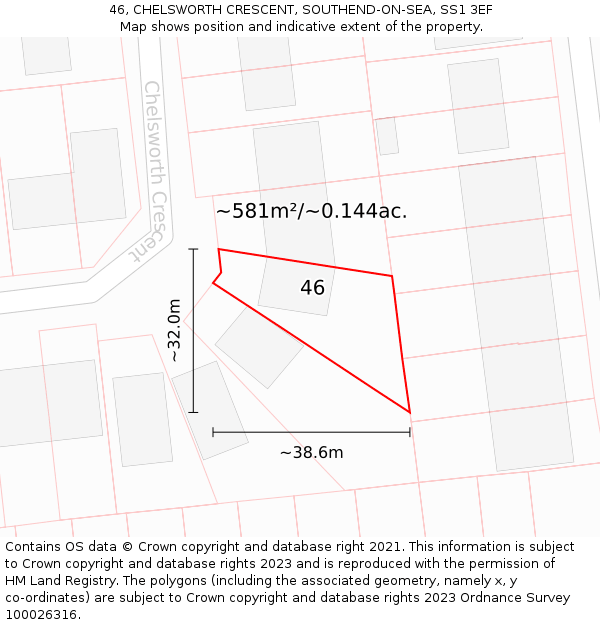 46, CHELSWORTH CRESCENT, SOUTHEND-ON-SEA, SS1 3EF: Plot and title map