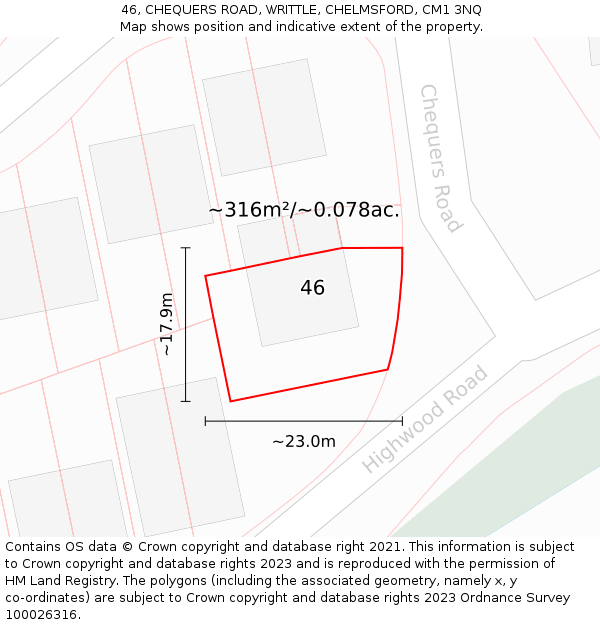 46, CHEQUERS ROAD, WRITTLE, CHELMSFORD, CM1 3NQ: Plot and title map