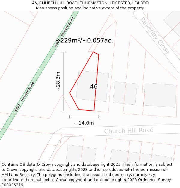 46, CHURCH HILL ROAD, THURMASTON, LEICESTER, LE4 8DD: Plot and title map