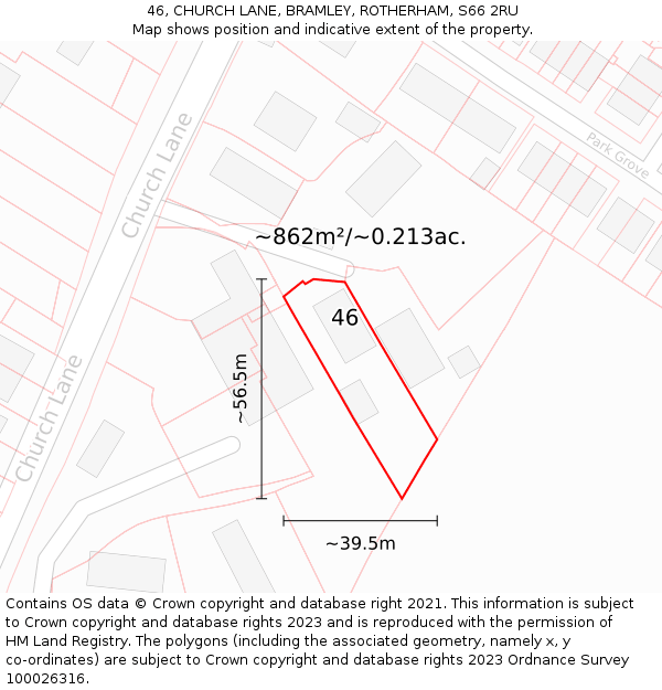 46, CHURCH LANE, BRAMLEY, ROTHERHAM, S66 2RU: Plot and title map