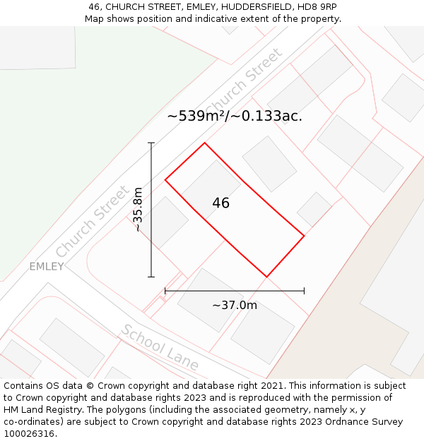 46, CHURCH STREET, EMLEY, HUDDERSFIELD, HD8 9RP: Plot and title map