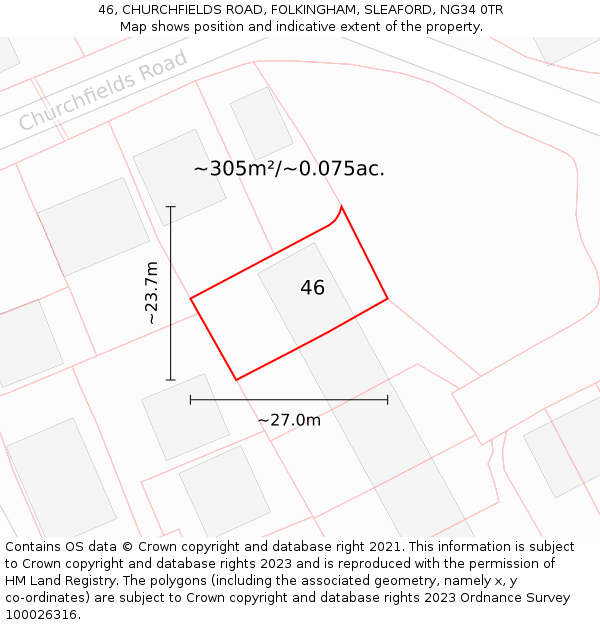 46, CHURCHFIELDS ROAD, FOLKINGHAM, SLEAFORD, NG34 0TR: Plot and title map