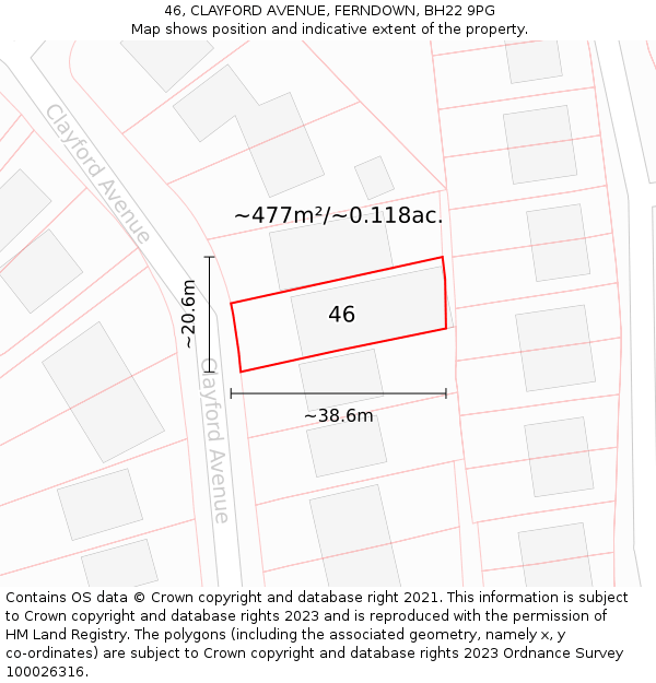 46, CLAYFORD AVENUE, FERNDOWN, BH22 9PG: Plot and title map