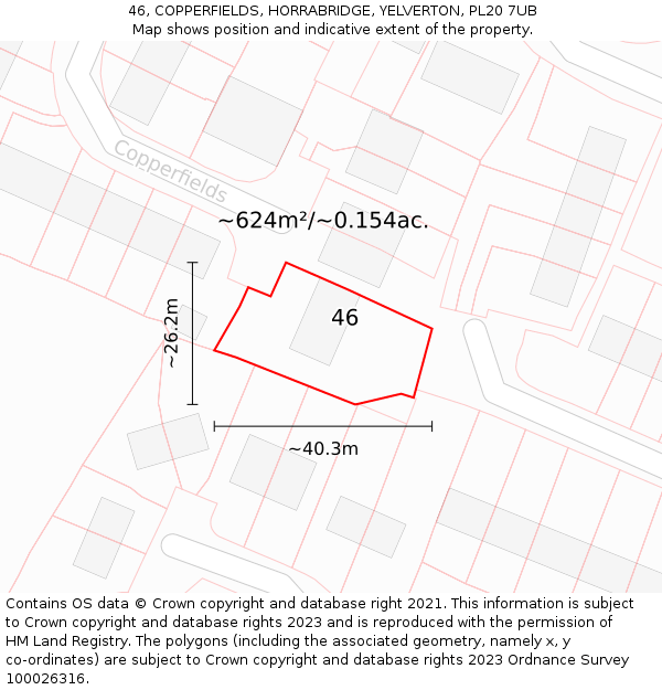 46, COPPERFIELDS, HORRABRIDGE, YELVERTON, PL20 7UB: Plot and title map