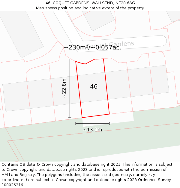 46, COQUET GARDENS, WALLSEND, NE28 6AG: Plot and title map