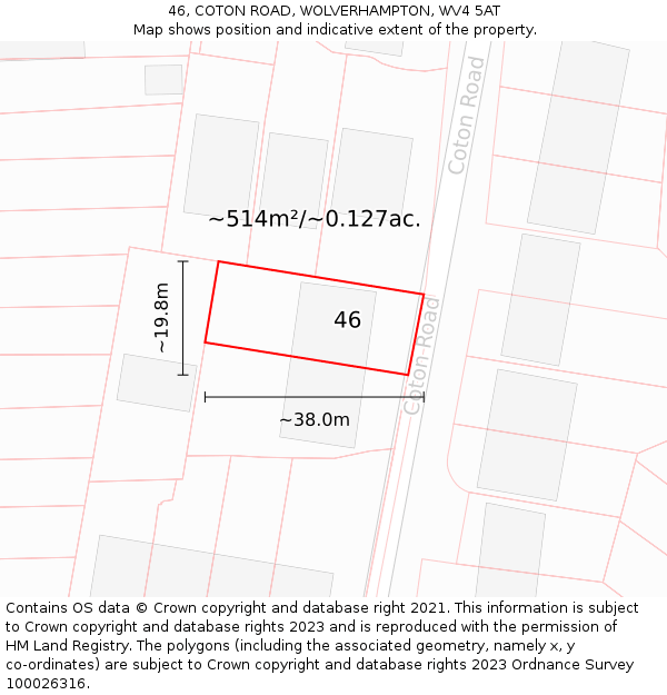 46, COTON ROAD, WOLVERHAMPTON, WV4 5AT: Plot and title map