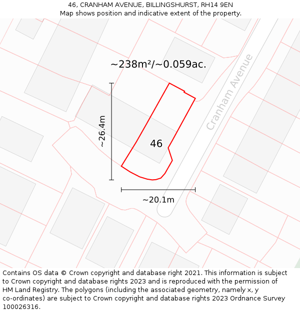 46, CRANHAM AVENUE, BILLINGSHURST, RH14 9EN: Plot and title map