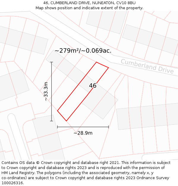 46, CUMBERLAND DRIVE, NUNEATON, CV10 8BU: Plot and title map