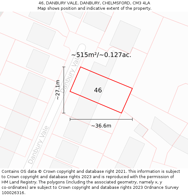 46, DANBURY VALE, DANBURY, CHELMSFORD, CM3 4LA: Plot and title map