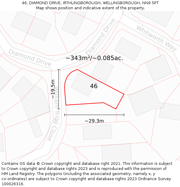 46, DIAMOND DRIVE, IRTHLINGBOROUGH, WELLINGBOROUGH, NN9 5PT: Plot and title map