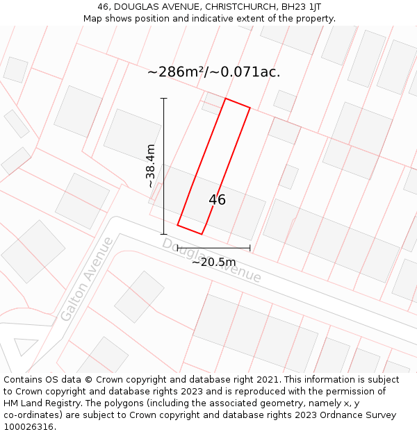 46, DOUGLAS AVENUE, CHRISTCHURCH, BH23 1JT: Plot and title map