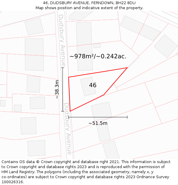 46, DUDSBURY AVENUE, FERNDOWN, BH22 8DU: Plot and title map