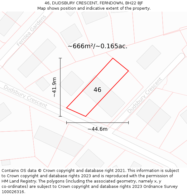 46, DUDSBURY CRESCENT, FERNDOWN, BH22 8JF: Plot and title map