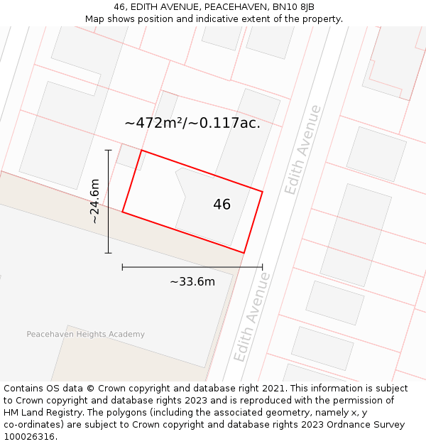 46, EDITH AVENUE, PEACEHAVEN, BN10 8JB: Plot and title map