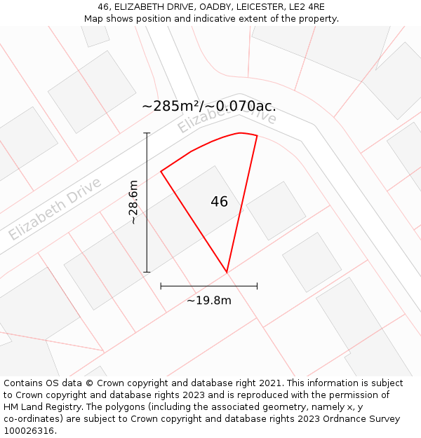 46, ELIZABETH DRIVE, OADBY, LEICESTER, LE2 4RE: Plot and title map