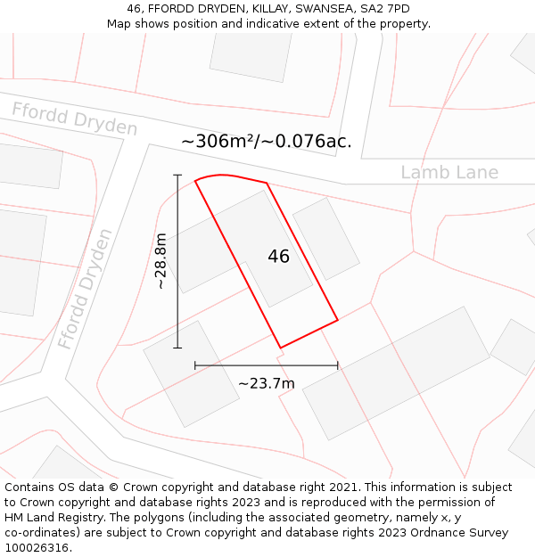 46, FFORDD DRYDEN, KILLAY, SWANSEA, SA2 7PD: Plot and title map