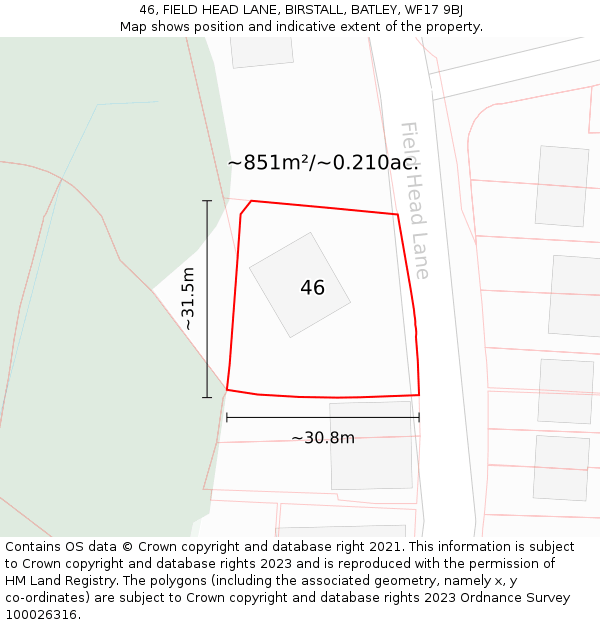 46, FIELD HEAD LANE, BIRSTALL, BATLEY, WF17 9BJ: Plot and title map