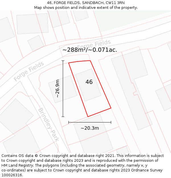 46, FORGE FIELDS, SANDBACH, CW11 3RN: Plot and title map