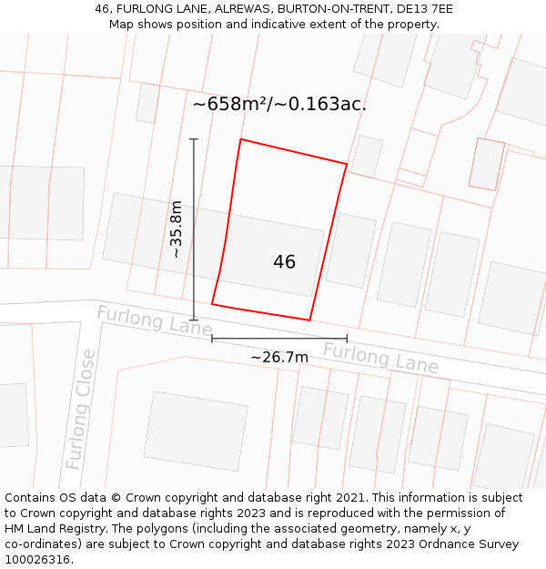 46, FURLONG LANE, ALREWAS, BURTON-ON-TRENT, DE13 7EE: Plot and title map