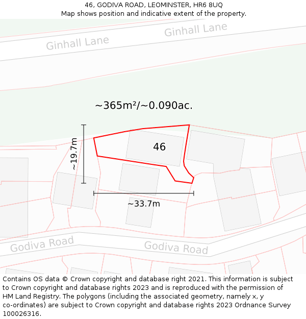 46, GODIVA ROAD, LEOMINSTER, HR6 8UQ: Plot and title map