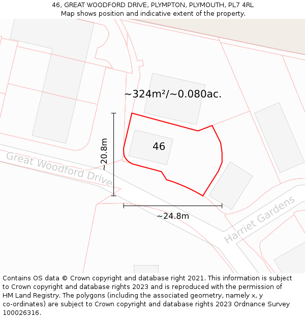 46, GREAT WOODFORD DRIVE, PLYMPTON, PLYMOUTH, PL7 4RL: Plot and title map