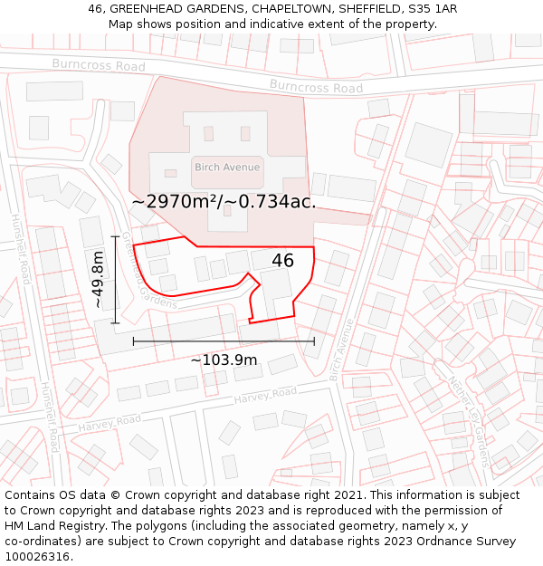 46, GREENHEAD GARDENS, CHAPELTOWN, SHEFFIELD, S35 1AR: Plot and title map