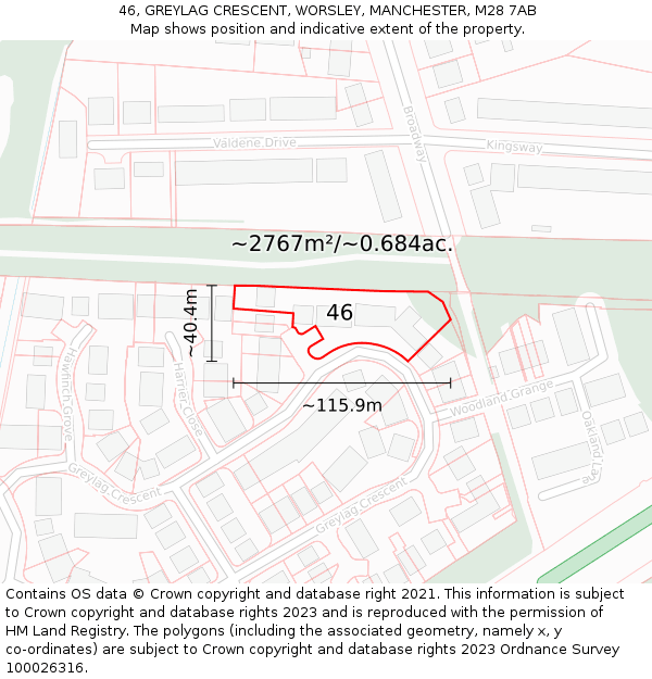 46, GREYLAG CRESCENT, WORSLEY, MANCHESTER, M28 7AB: Plot and title map