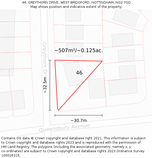 46, GREYTHORN DRIVE, WEST BRIDGFORD, NOTTINGHAM, NG2 7GD: Plot and title map