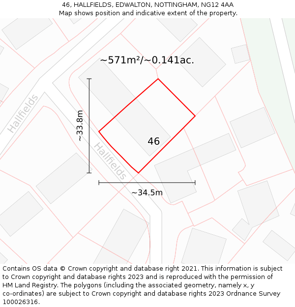 46, HALLFIELDS, EDWALTON, NOTTINGHAM, NG12 4AA: Plot and title map