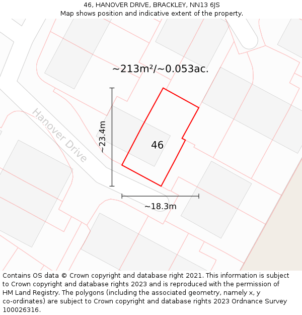 46, HANOVER DRIVE, BRACKLEY, NN13 6JS: Plot and title map