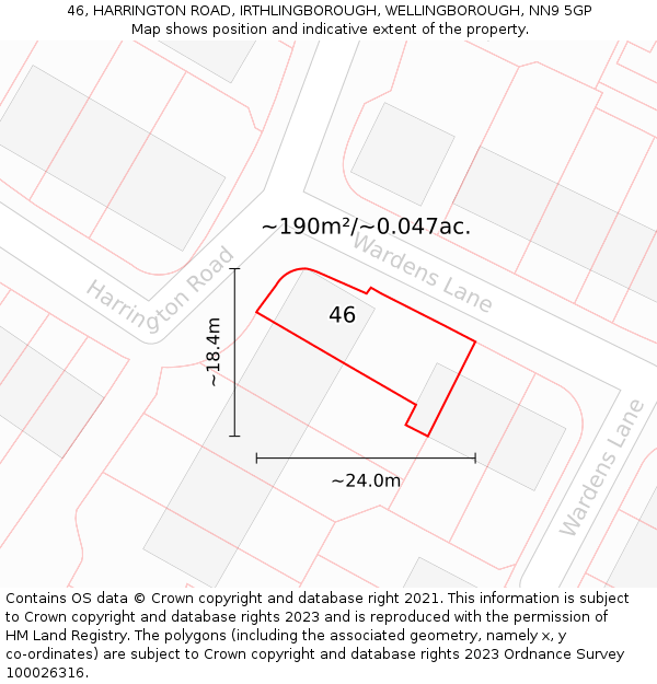 46, HARRINGTON ROAD, IRTHLINGBOROUGH, WELLINGBOROUGH, NN9 5GP: Plot and title map