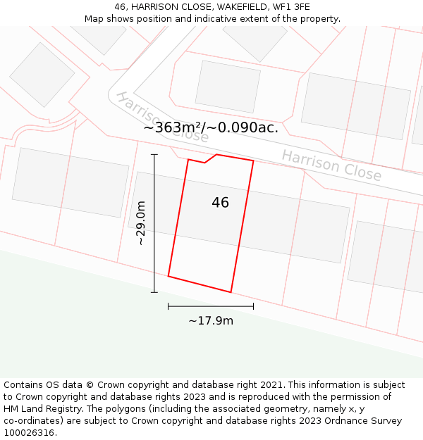 46, HARRISON CLOSE, WAKEFIELD, WF1 3FE: Plot and title map