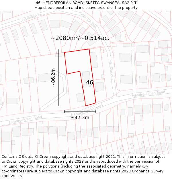 46, HENDREFOILAN ROAD, SKETTY, SWANSEA, SA2 9LT: Plot and title map