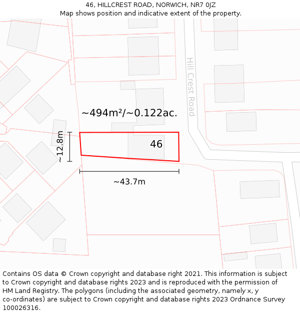 46, HILLCREST ROAD, NORWICH, NR7 0JZ: Plot and title map