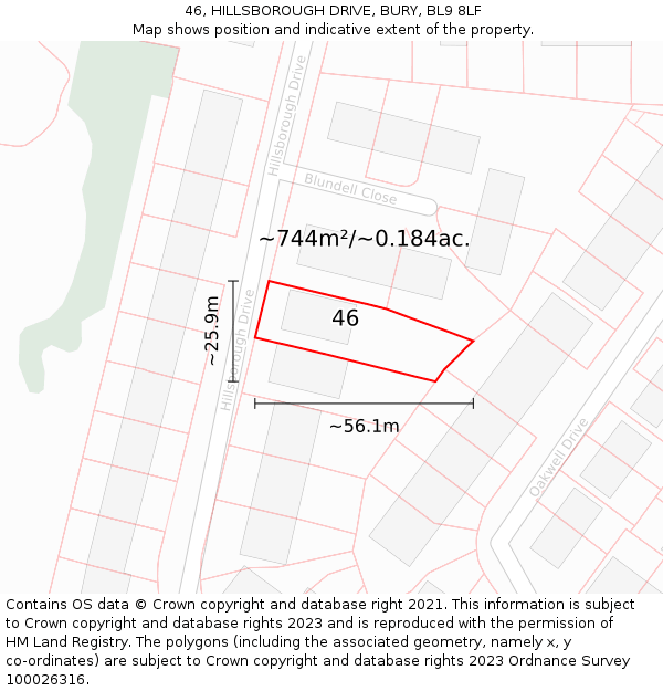 46, HILLSBOROUGH DRIVE, BURY, BL9 8LF: Plot and title map