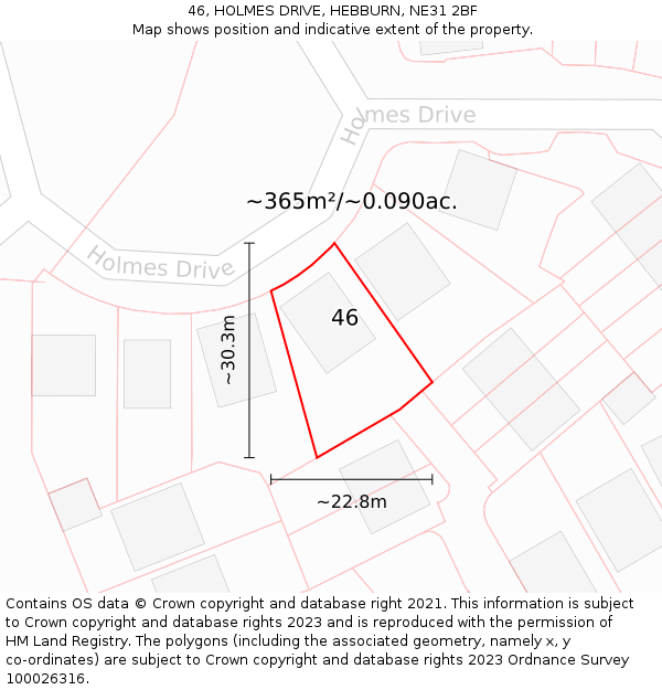 46, HOLMES DRIVE, HEBBURN, NE31 2BF: Plot and title map