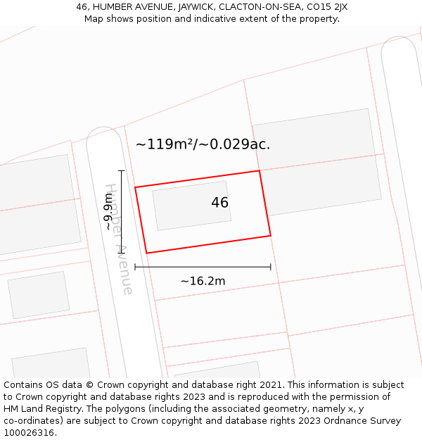 46, HUMBER AVENUE, JAYWICK, CLACTON-ON-SEA, CO15 2JX: Plot and title map