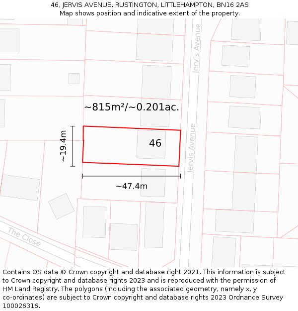 46, JERVIS AVENUE, RUSTINGTON, LITTLEHAMPTON, BN16 2AS: Plot and title map