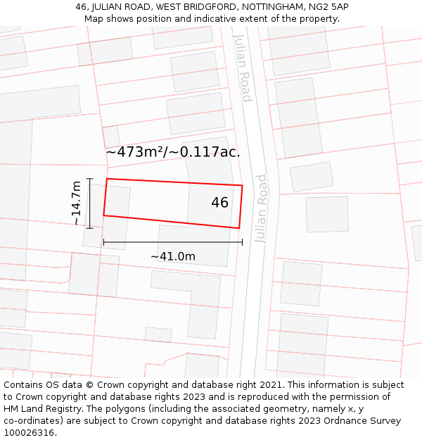 46, JULIAN ROAD, WEST BRIDGFORD, NOTTINGHAM, NG2 5AP: Plot and title map