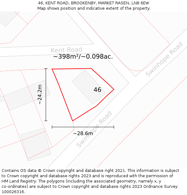 46, KENT ROAD, BROOKENBY, MARKET RASEN, LN8 6EW: Plot and title map