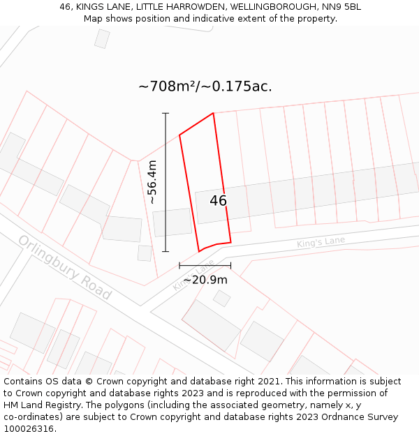 46, KINGS LANE, LITTLE HARROWDEN, WELLINGBOROUGH, NN9 5BL: Plot and title map