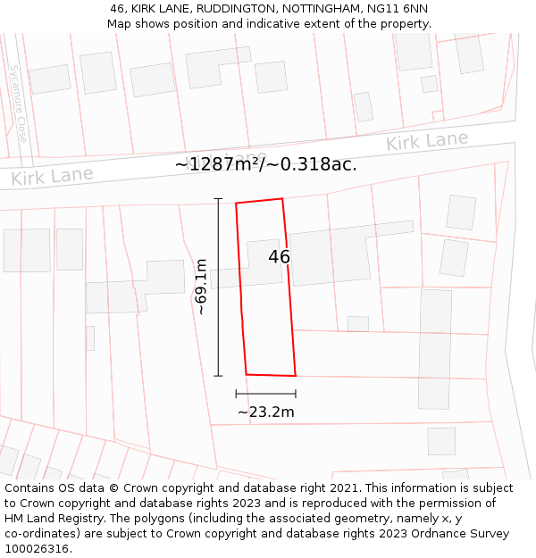 46, KIRK LANE, RUDDINGTON, NOTTINGHAM, NG11 6NN: Plot and title map