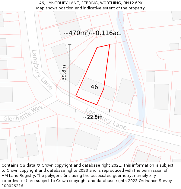 46, LANGBURY LANE, FERRING, WORTHING, BN12 6PX: Plot and title map