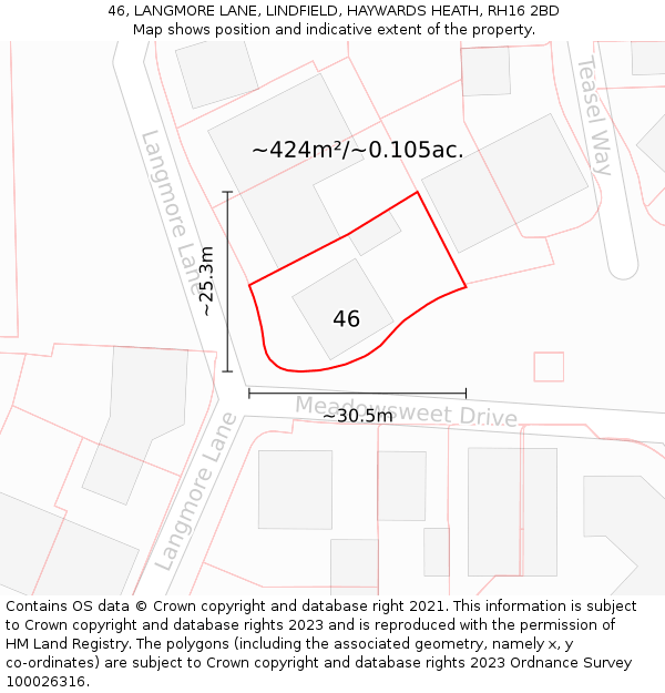 46, LANGMORE LANE, LINDFIELD, HAYWARDS HEATH, RH16 2BD: Plot and title map