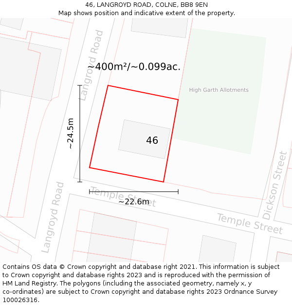 46, LANGROYD ROAD, COLNE, BB8 9EN: Plot and title map