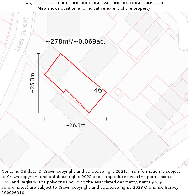 46, LEES STREET, IRTHLINGBOROUGH, WELLINGBOROUGH, NN9 5RN: Plot and title map