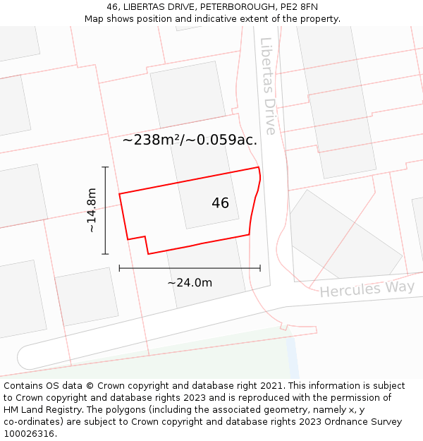 46, LIBERTAS DRIVE, PETERBOROUGH, PE2 8FN: Plot and title map