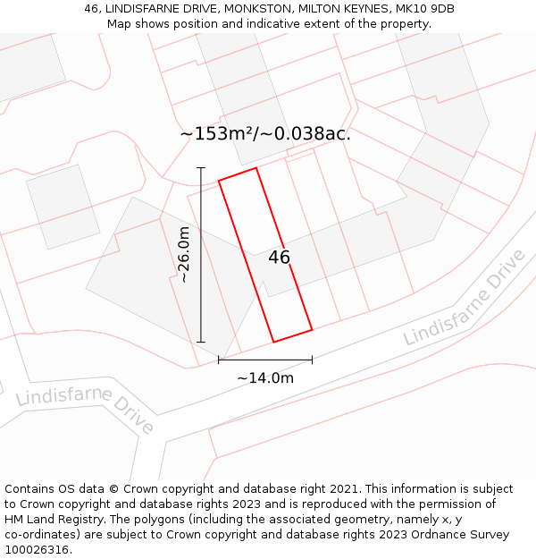 46, LINDISFARNE DRIVE, MONKSTON, MILTON KEYNES, MK10 9DB: Plot and title map