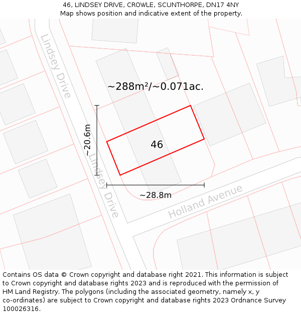 46, LINDSEY DRIVE, CROWLE, SCUNTHORPE, DN17 4NY: Plot and title map