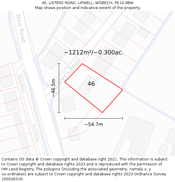 46, LISTERS ROAD, UPWELL, WISBECH, PE14 9BW: Plot and title map